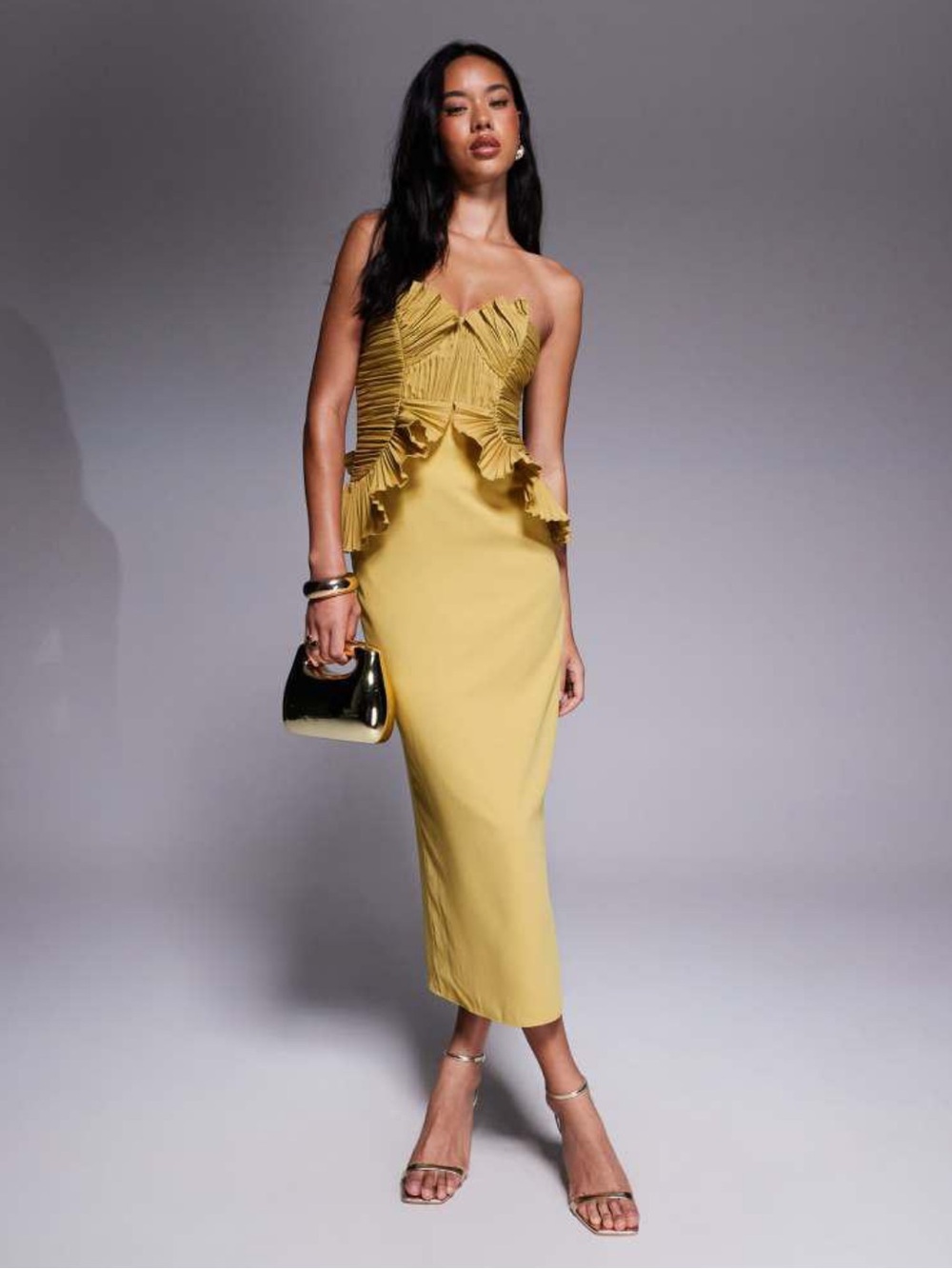 ASOS Mustard Yellow Strapless Ruffle Midi Dress
